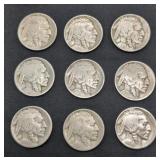 Nine 1913 Type 1 Buffalo Nickel coins