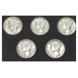 Five AU / Unc Mercury Silver Dime coins