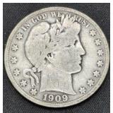 1909-S Barber Silver Half Dollar coin marked Fine