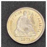 Rare 1871-S Seated Liberty Silver Half Dime coin