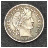 1909 Barber Silver Dime coin marked XF
