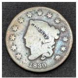 1830 Coronet Head Large Cent coin marked VG