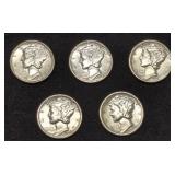 Five AU / Unc Mercury Silver Dime coins