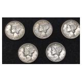 Five AU / Unc Mercury Silver Dime coins