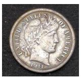 1911 Barber Silver Dime Coin marked AU