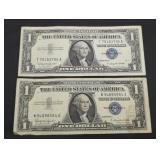 Pair of 1957-B $1 Silver Certificate US paper