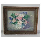 Initialed E.M.B oil painting on board flowers,