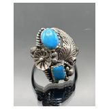 Sterling silver turquoise floral ring, 5.12g