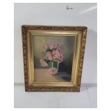 Unsigned oil painting on canvas, pink flower,