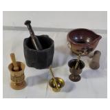 Collection of wood,  clay , and brass mortar and