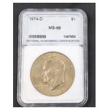 1974-D Eisenhower Dollar coin MS66 slabbed and