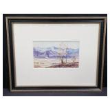 Signed watercolor painting dessert scene