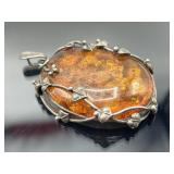 Sterling silver wrapped 3" amber pendant, 38.15g