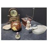 Box of miscellaneous duck decoy, coffee grinder,