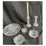 Cut glass bowls and two candle sticks