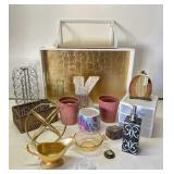 Box of home decor- planters, tray, shelf,