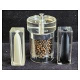 Lucite salt and pepper shakers & pepper grinder