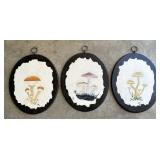 3 vintage hand painted mushroom art wall plaques