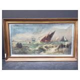 Vintage framed oil painting on canvas of boats