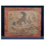 Embroidery foo dog textile on cardboard