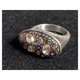 Jewelry: silver ring w Rhine stones,  size 8 1/2