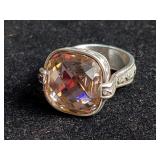 Jewelry: silver ring w/ pink crystal, initialed,