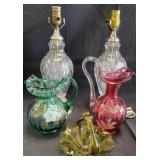 Vintage hand blown glass pitchers, table lamps