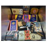 Collection of medals, coins, pocket knife,