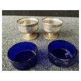 Sterling silver salt dishes pair  with cobalt