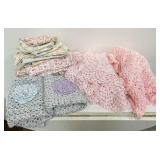Box of 4 crocheted baby blankets & swaddling