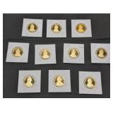 Ten proof US Presidential Dollar coins in holders