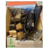 Box of vintage electronics, test equipment, video