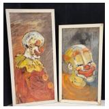 2 mid century oil clown paintings on board