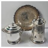 Box of silver plated  pitcher,  bowl,  ice bucket