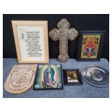 Group of religious plaques, Chalk crucifix, etc.
