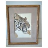 Tiger watercolor framed painting. Signed.