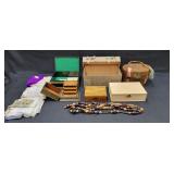 Group of vintage boxes & ladies wicker basket /