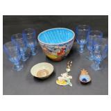 Group of blue glasses / pottery bowl & misc.