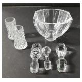 Box of bottle stoppers , shot glasses, glass bowl