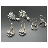 Three pair sterling silver heart & moon e