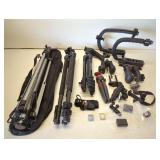 Box of camera gear, tripods, memory cards (16gb +