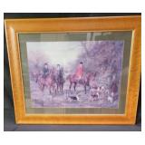 English fox hunting print in wooden burlwood