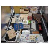 Collection of coins, medals, US coins, gun