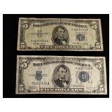 Pair of 5 dollar silver certificates 1934 & 1953