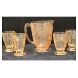 Pink depression glass pitcher & 4 goblets