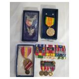 Lot of military items and medals. Display case.