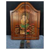 Vintage wall cabinet dart board w/ darts