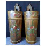 Pair of hand painted floral wood flower pots