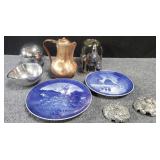 Group of Royal Copenhagen plates, copper pitcher