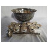 Ornate white metal punch bowl with ladle and 10